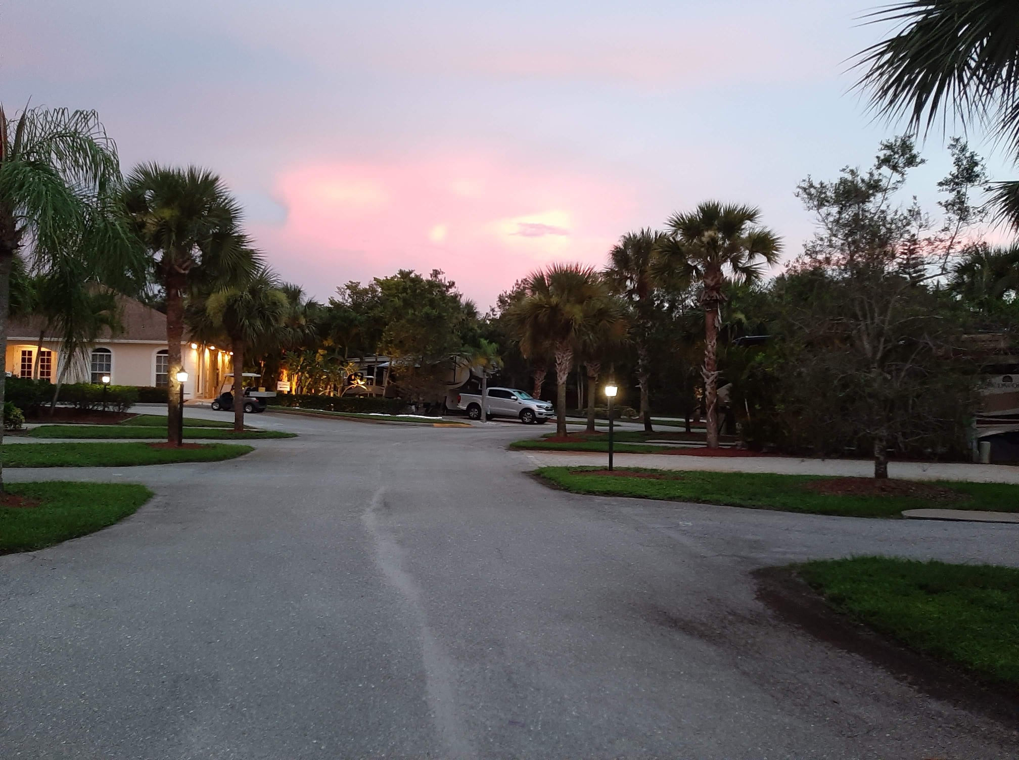 Sunset behind clubhouse at Neapolitan Cove RV Resort, July 30, 2021